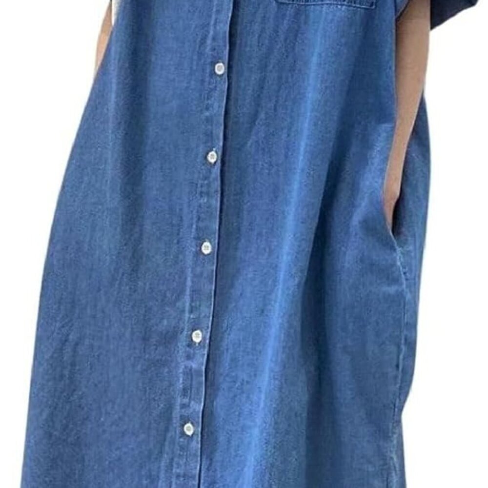 Women's Denim Shirt Dress Short Sleeve Button-Down Casual Spring Summer